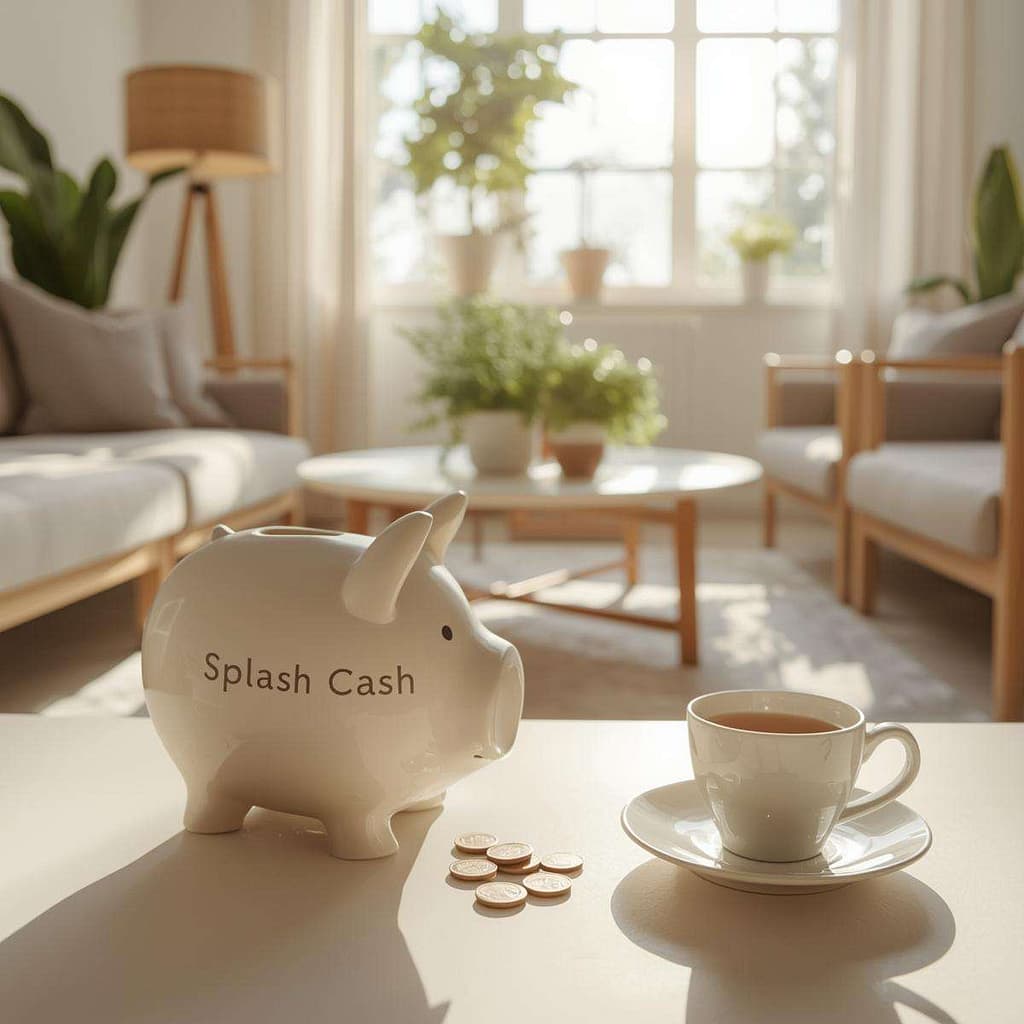 Piggy bank labelled Splash Cash beside coins and a cup of tea in a calm living room setting.