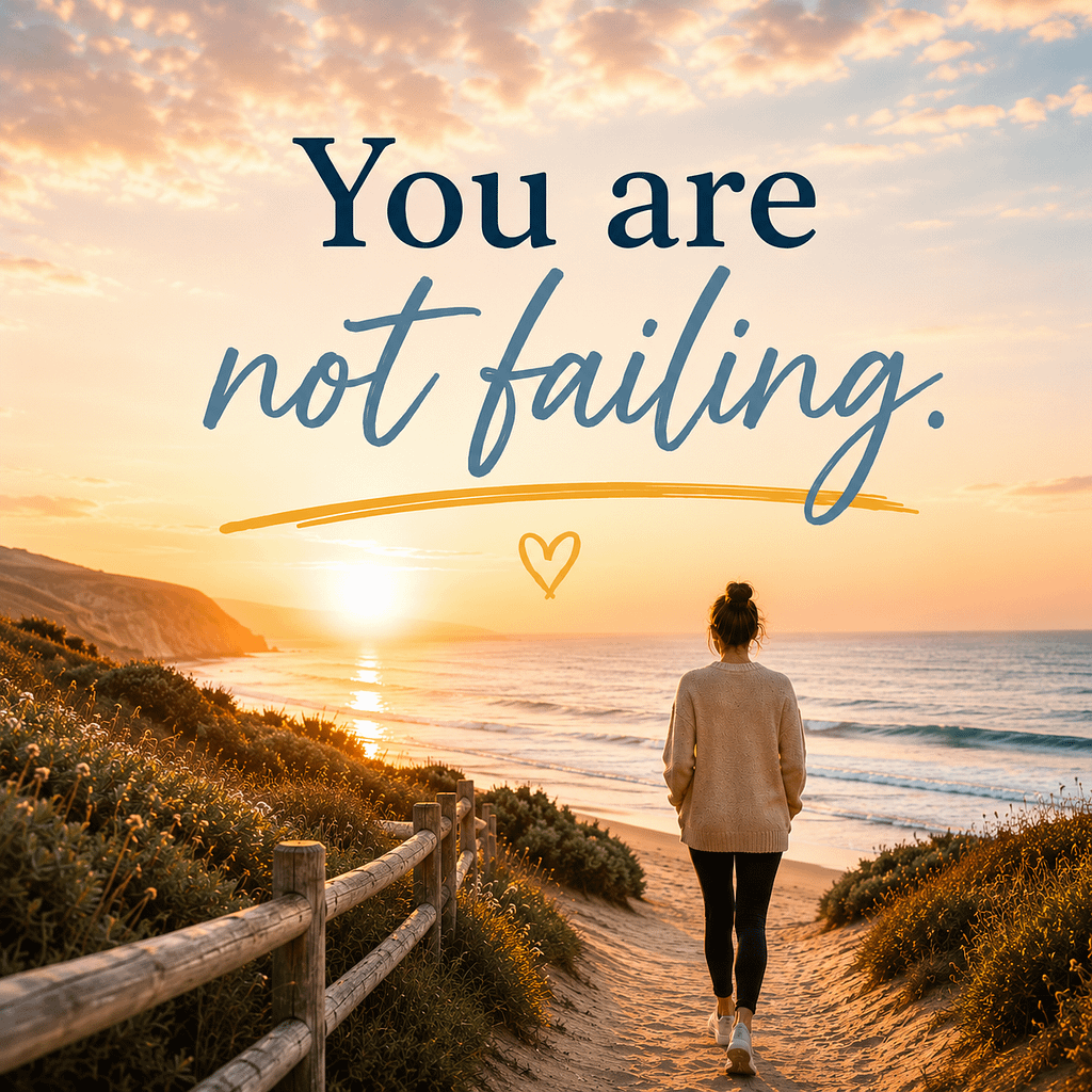 Person walking peacefully toward the ocean at sunrise beside the words “You are not failing” in calming blue and yellow text.