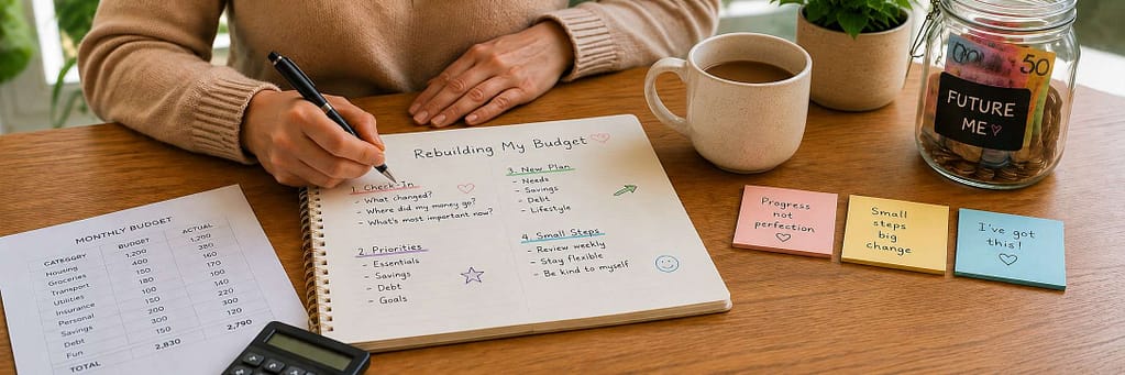 Person rebuilding their budget with a monthly budget sheet, savings jar and simple financial priorities.