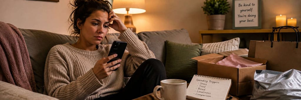 Woman looking at her phone while reflecting on emotional spending triggers such as stress, tiredness and boredom.