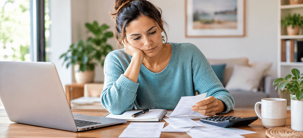 Why You Always Feel Behind Financially – Money Stress and Budgeting. Woman reviewing household bills and expenses at home with a laptop, calculator and notebook.