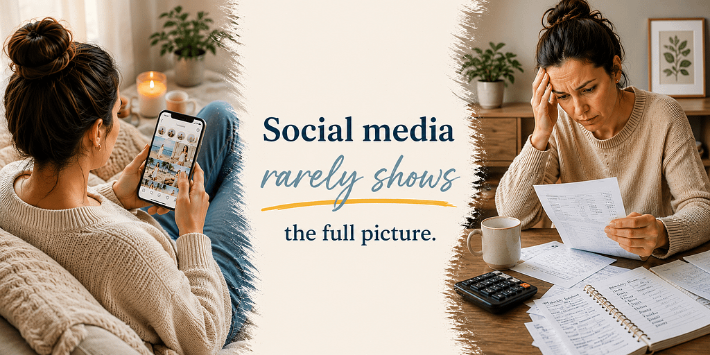 Split-screen image showing a woman scrolling social media on one side and the same woman stressed while reviewing bills on the other beside the words “Social media rarely shows the full picture.”
