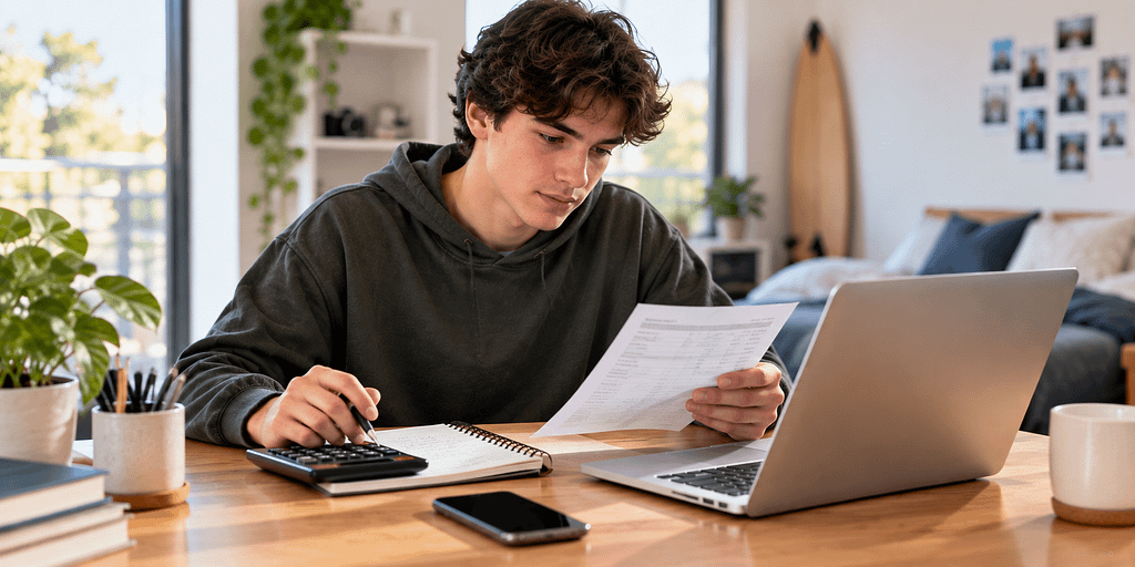 Young Australian reviewing his income and planning a budget with a calculator and laptop