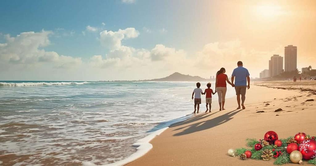 Family walking together along a beach during Christmas while focusing on connection, simplicity and emotional wellbeing.
