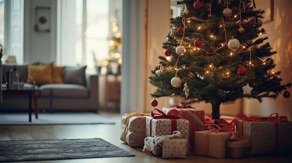 Christmas tree with wrapped presents in a calm softly lit living room during the holiday season.