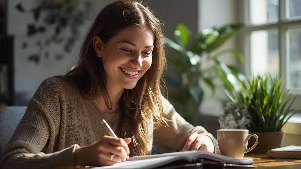 Woman smiling while journalling at home as she reflects on changing her money mindset and financial future.