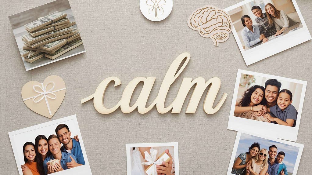 Decorative flat lay featuring the word calm surrounded by family photos, money imagery and symbols representing mindset and emotional wellbeing.