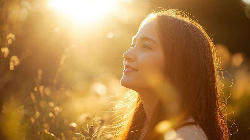 Woman standing outdoors in golden sunlight while feeling hopeful, calm and positive about her future and financial wellbeing.