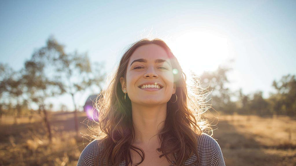 Woman smiling outdoors in sunlight while focusing on emotional wellbeing and staying positive during financial stress.