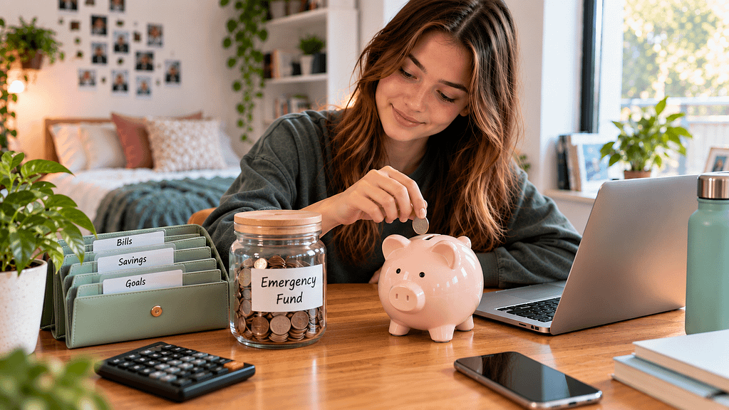 Young Australian saving money in a piggy bank beside an emergency fund jar and savings organiser