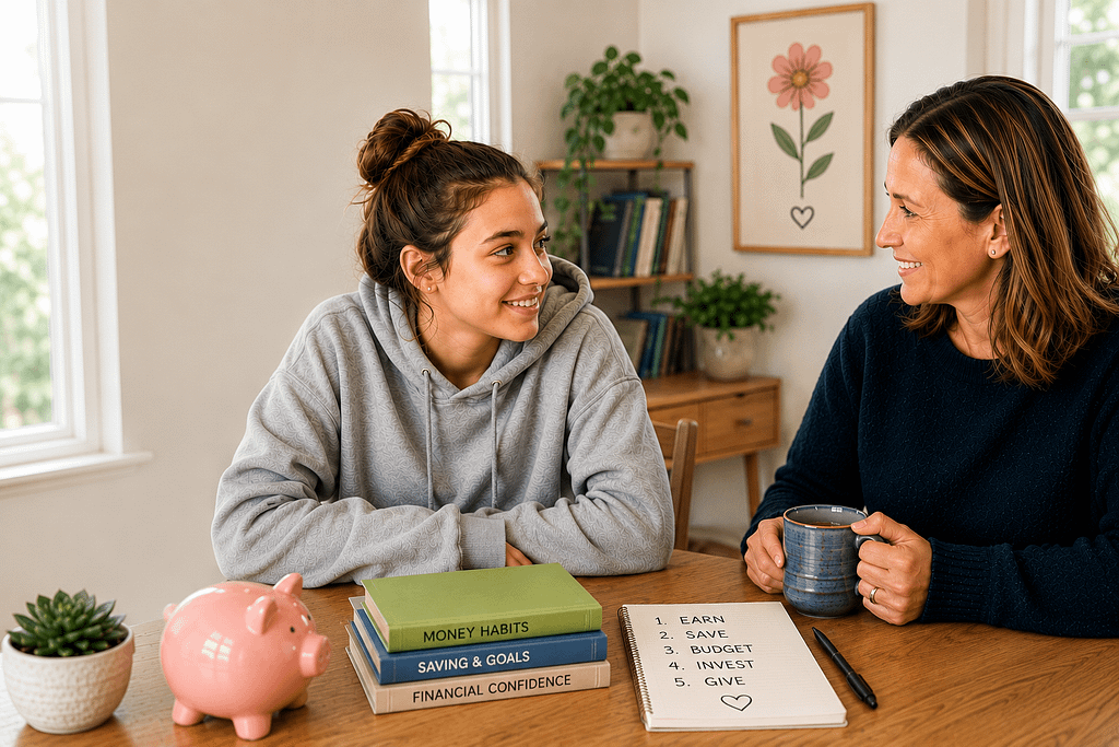 Teen girl and adult mentor discussing money habits and financial skills at a table with savings books and a piggy bank.