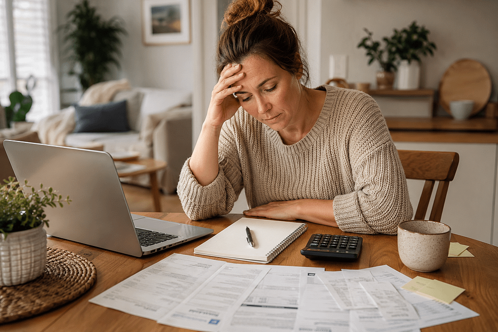 Woman looking stressed while managing her household budget at the kitchen table.