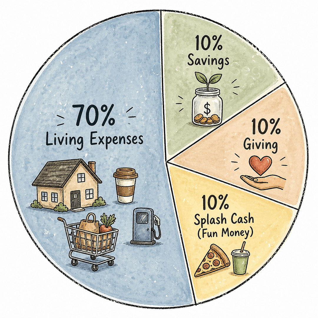 Illustration showing the Budget Right 70/10/10/10 budget rule with 70% living expenses, 10% savings, 10% giving and 10% splash cash.