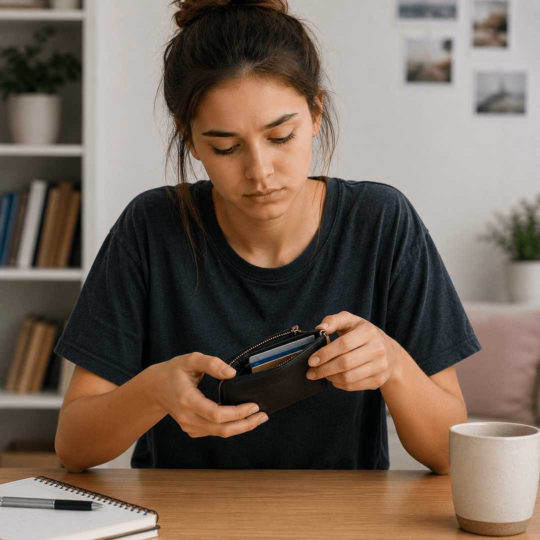 Young woman looking thoughtfully at a nearly empty purse with bank cards while reflecting on her spending decisions.