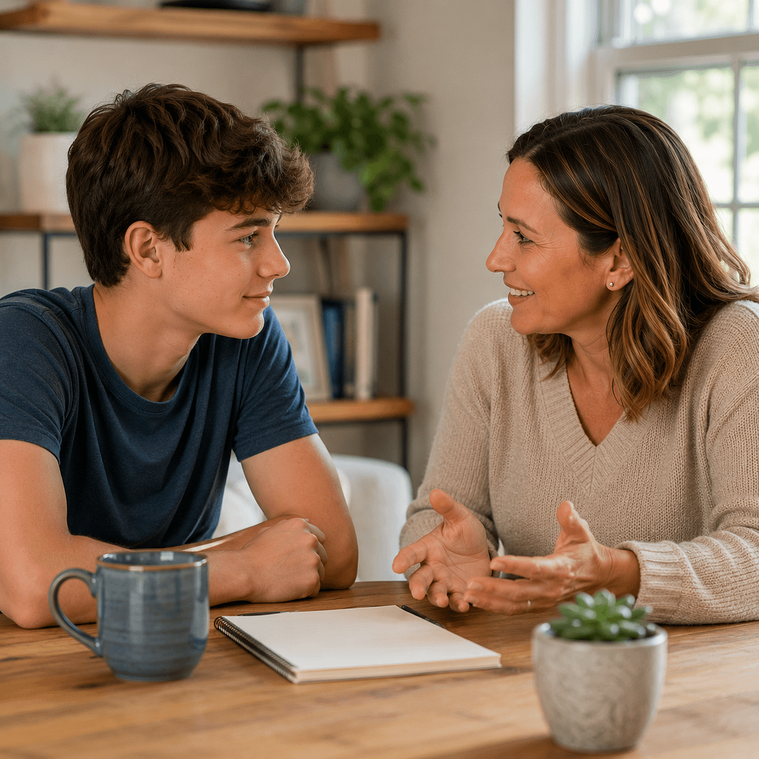 Teen boy and trusted adult having a relaxed conversation about money and financial decisions at a table.