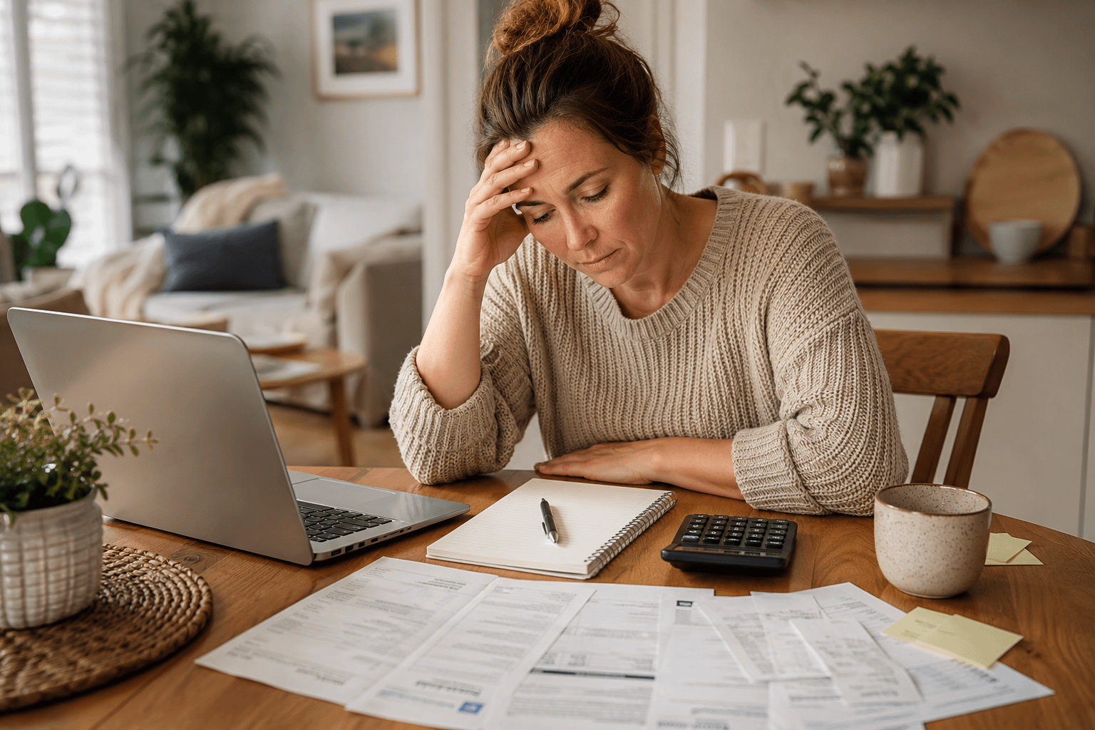 Woman looking stressed while managing her household budget at the kitchen table.