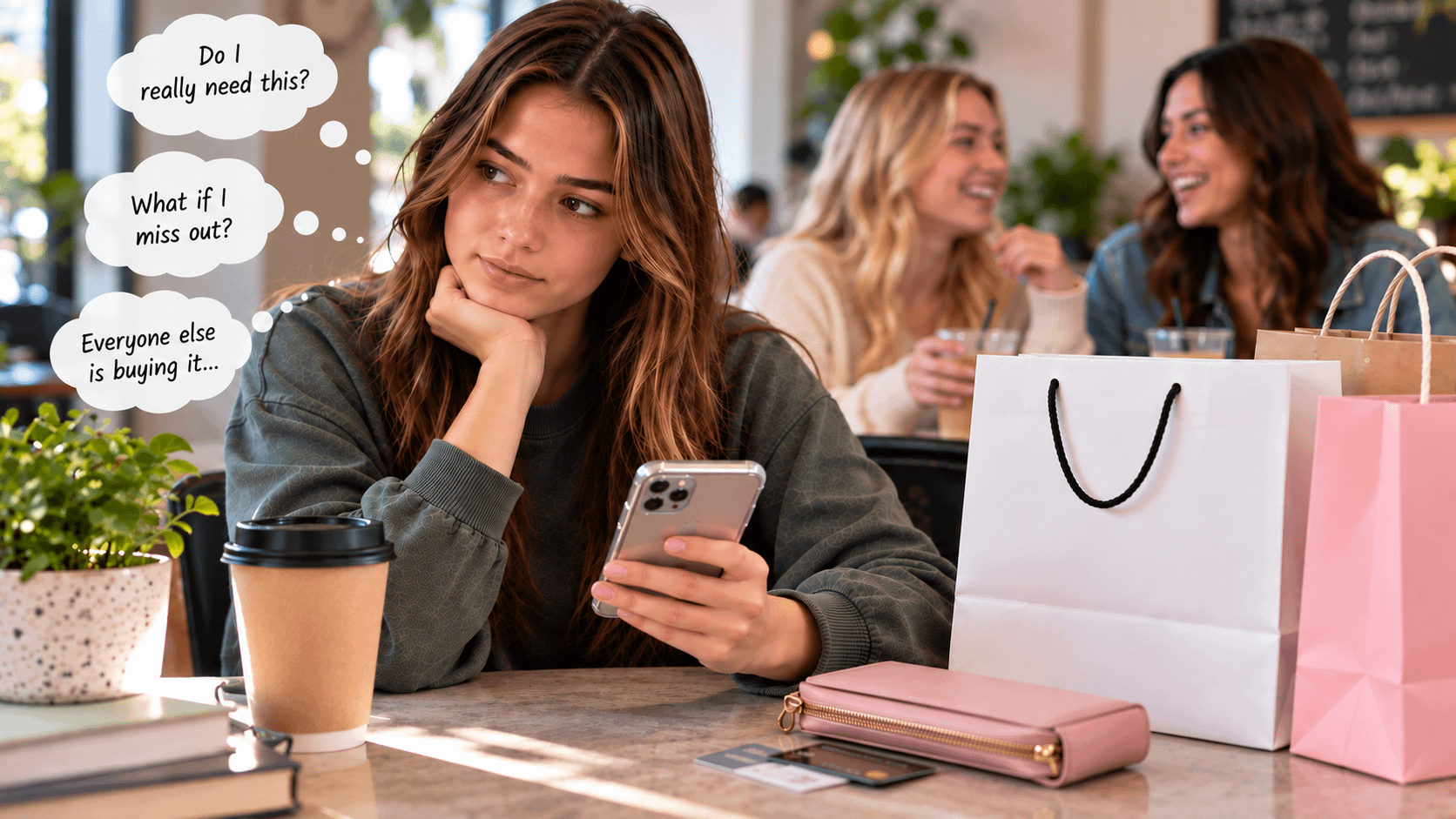 Young woman considering a purchase while feeling the influence of peer pressure and fear of missing out