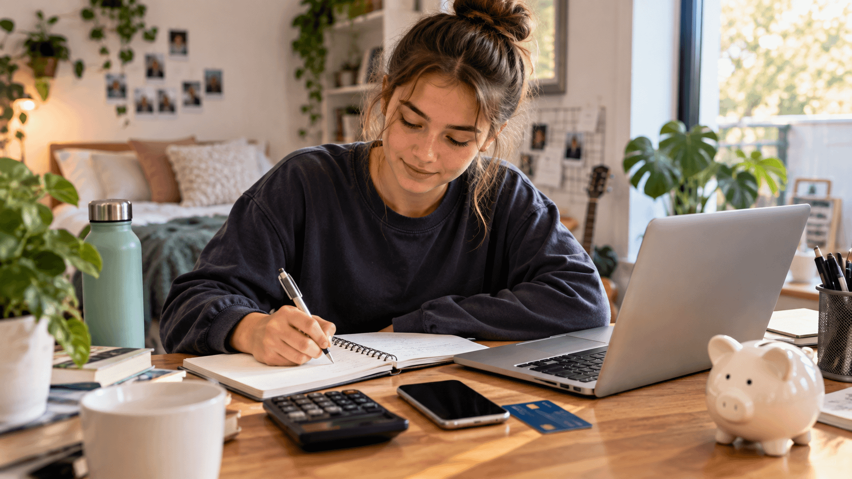 Young Australian learning practical money skills with a laptop, notebook and calculator
