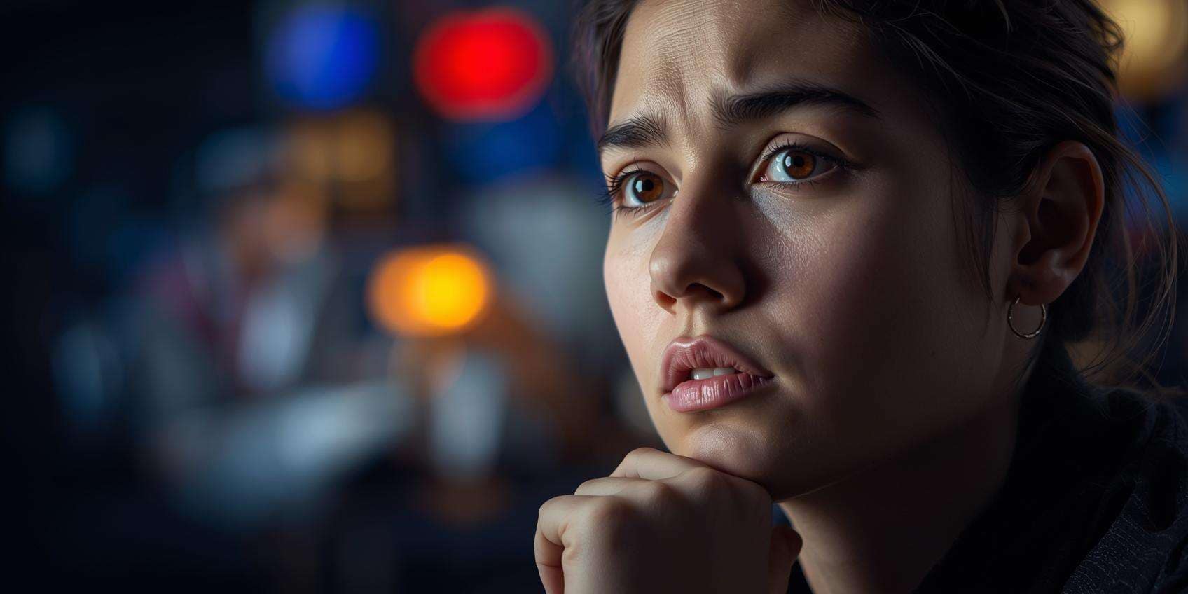A person with a thoughtful expression, looking towards a subtly blurred or intentionally limited depiction of gambling elements in the background, evoking a sense of internal struggle.