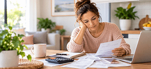 Why You're Not Bad With Money – Financial Stress and Overwhelm. Woman thoughtfully reviewing household bills and expenses at home with a laptop, notebook and calculator.