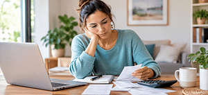 Why You Always Feel Behind Financially – Money Stress and Budgeting. Woman reviewing household bills and expenses at home with a laptop, calculator and notebook.
