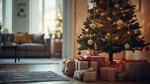 Christmas tree with wrapped presents in a calm softly lit living room during the holiday season.