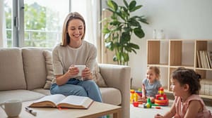 Woman relaxing with a cup of tea on the sofa while two young children play with toys in the living room.