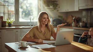 Woman sitting at a kitchen table using a laptop while managing household finances during Australia’s cost of living crisis.