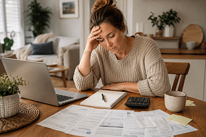 Woman looking stressed while managing her household budget at the kitchen table.
