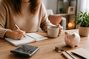 Person reviewing recent expenses on their phone while updating a weekly budget.
