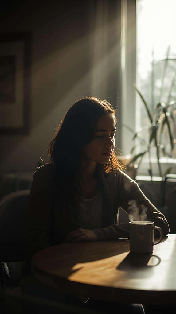 Woman sitting quietly with a cup of coffee while reflecting on emotional struggles connected to gambling addiction and financial stress.
