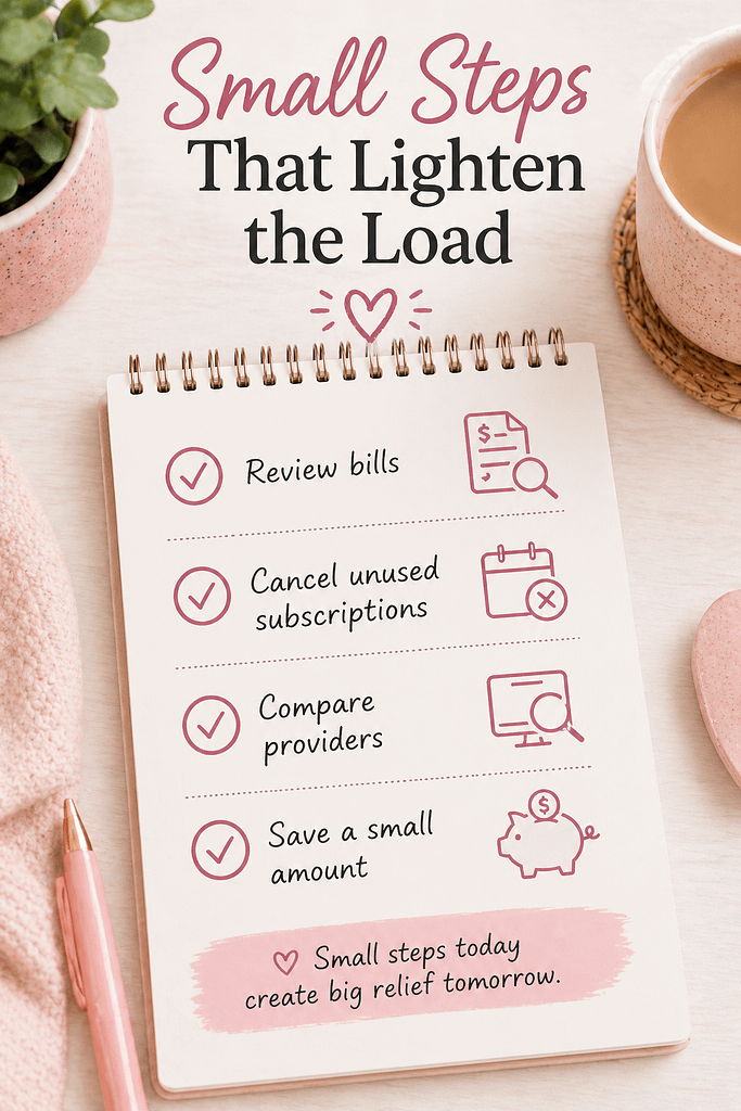 Checklist showing small budgeting steps including reviewing bills, cancelling subscriptions, comparing providers and saving a small amount.