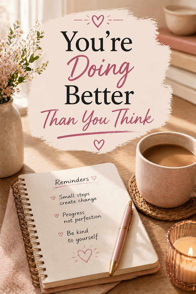 Cup of tea and notebook on a tidy table with reminder notes encouraging progress and financial confidence.
