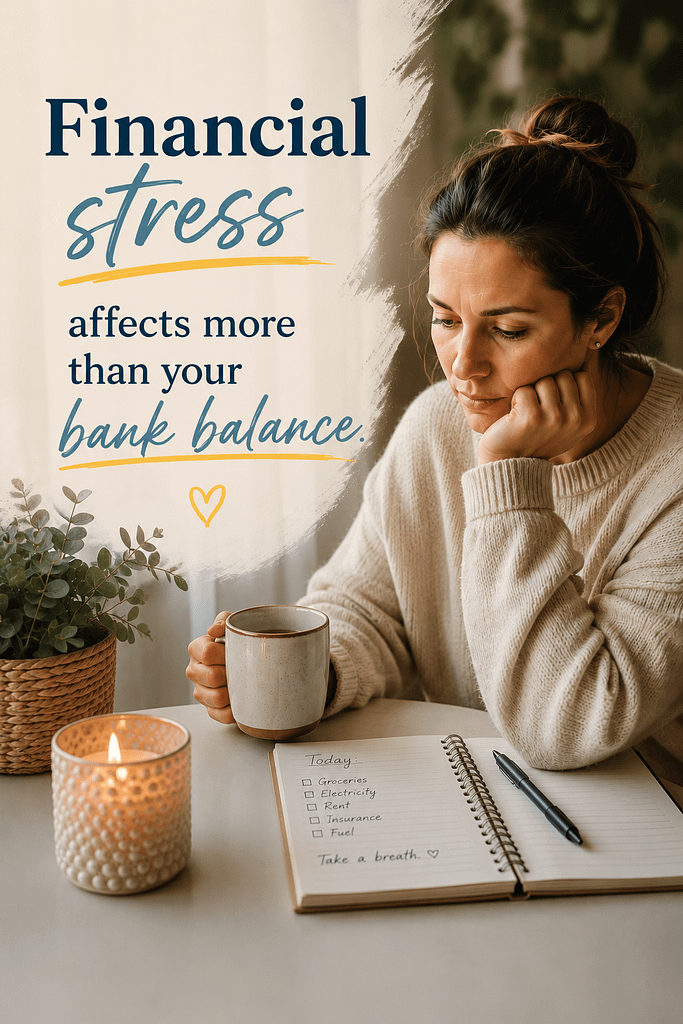Woman sitting quietly with a cup of tea and notebook looking emotionally exhausted while reflecting on financial stress beside the words “Financial stress affects more than your bank balance.”