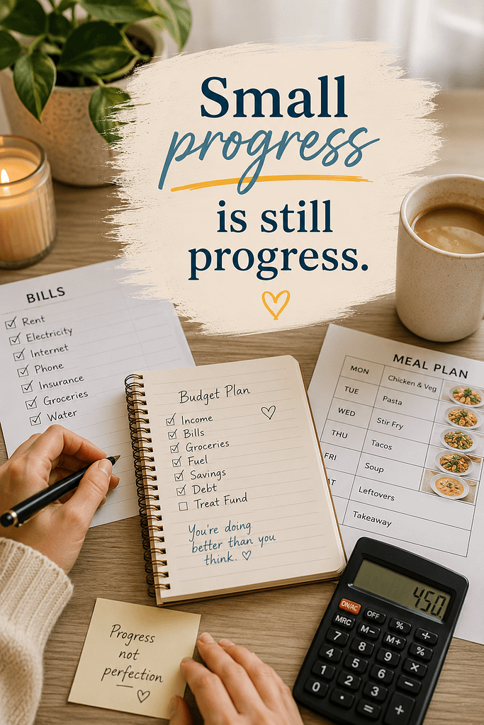 Budgeting desk scene with bills being ticked off, meal planning sheets, budgeting notebook, calculator and coffee beside the words “Small progress is still progress.”