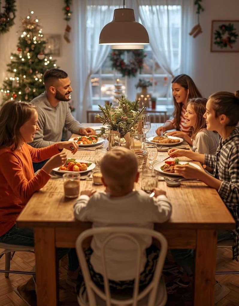 Family sharing a meal together around a dining table during a relaxed Christmas gathering at home.