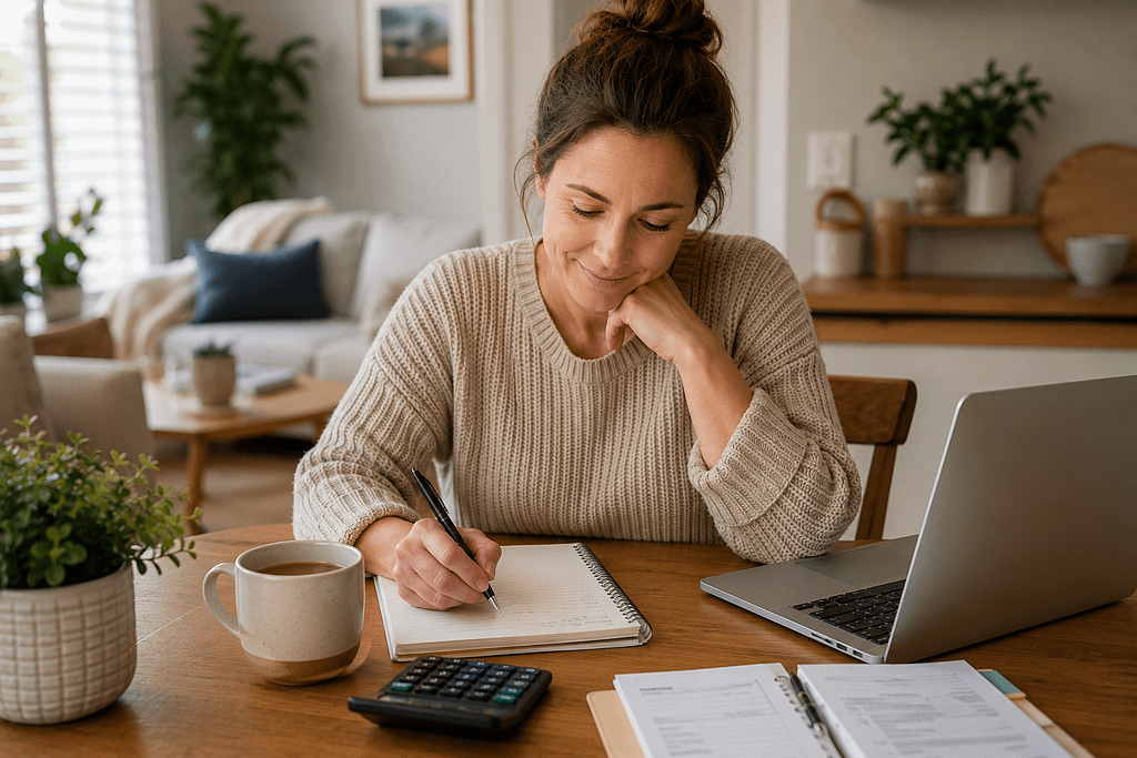 Woman calmly reviewing her budget at a dining table with a laptop, calculator and notebook in a bright, organised home.